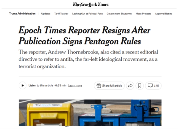 ▲《纽约时报》2025年10月19日报道截图